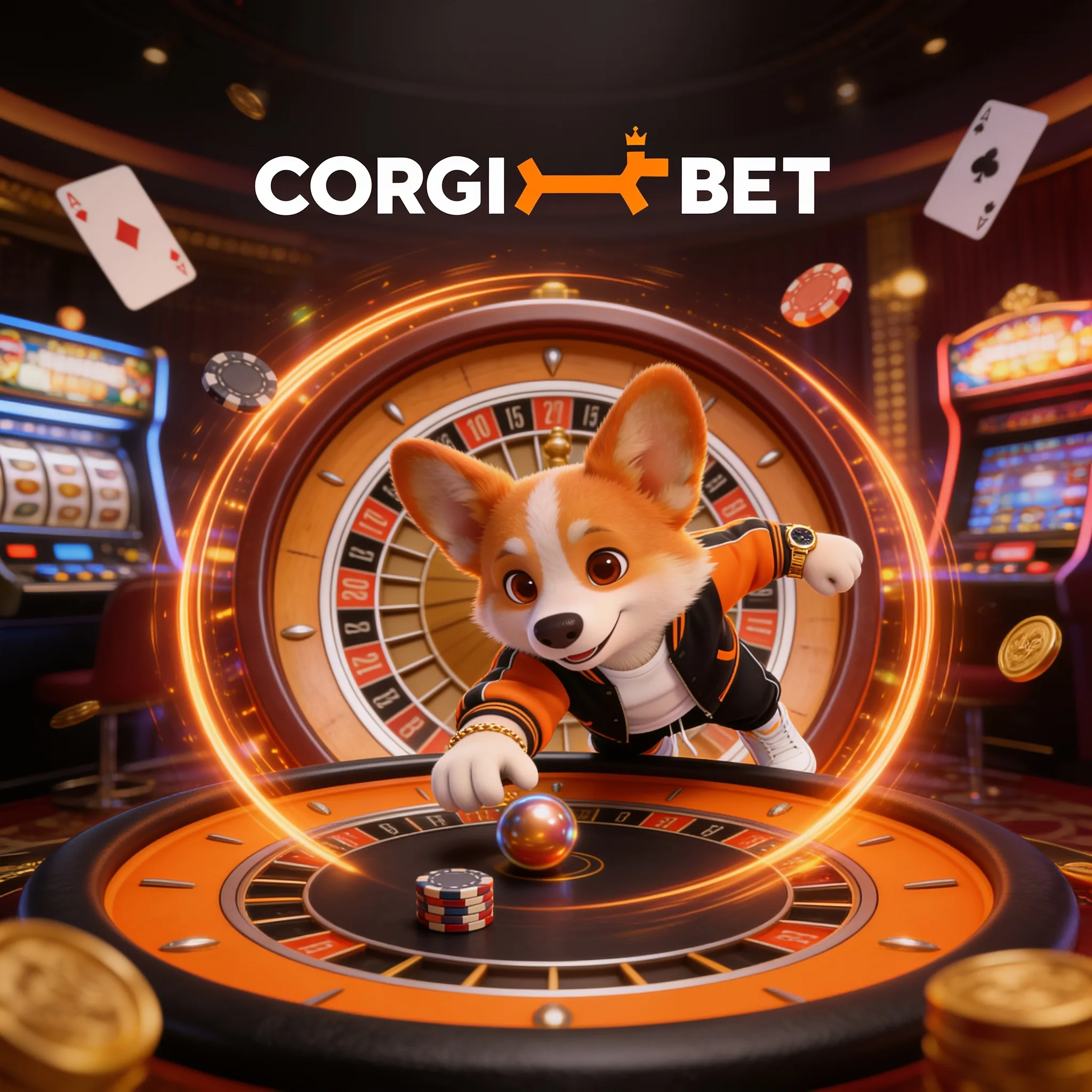 Corgi près d'une roulette dans un salon de casino