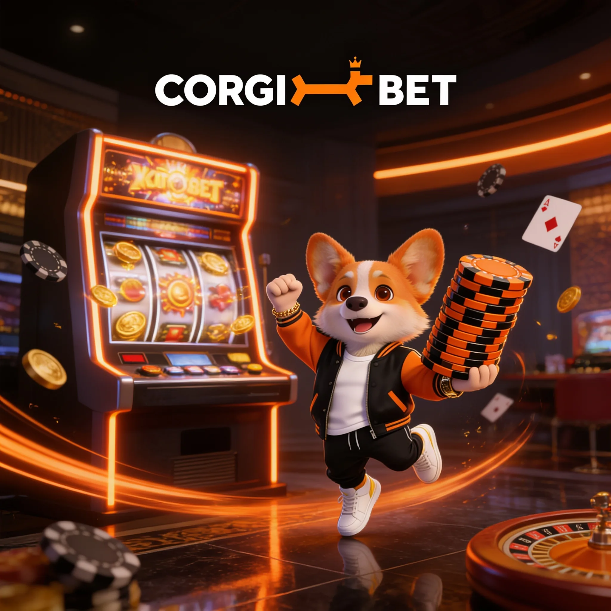 Machine de jeu et jetons dans l’univers Corgibet
